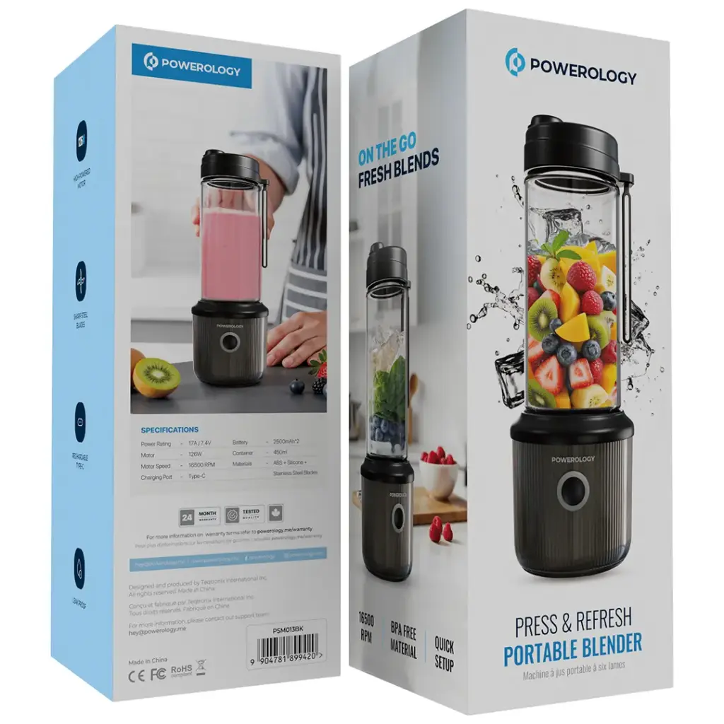 Powerology Portable Blender 450ml 2500mAh 6 Blades 126W Black - خلاط محمول بسعة 450 مل مع بطارية 2500 ملي امبير وشفرات ستة حادة من باورولوجي اسود