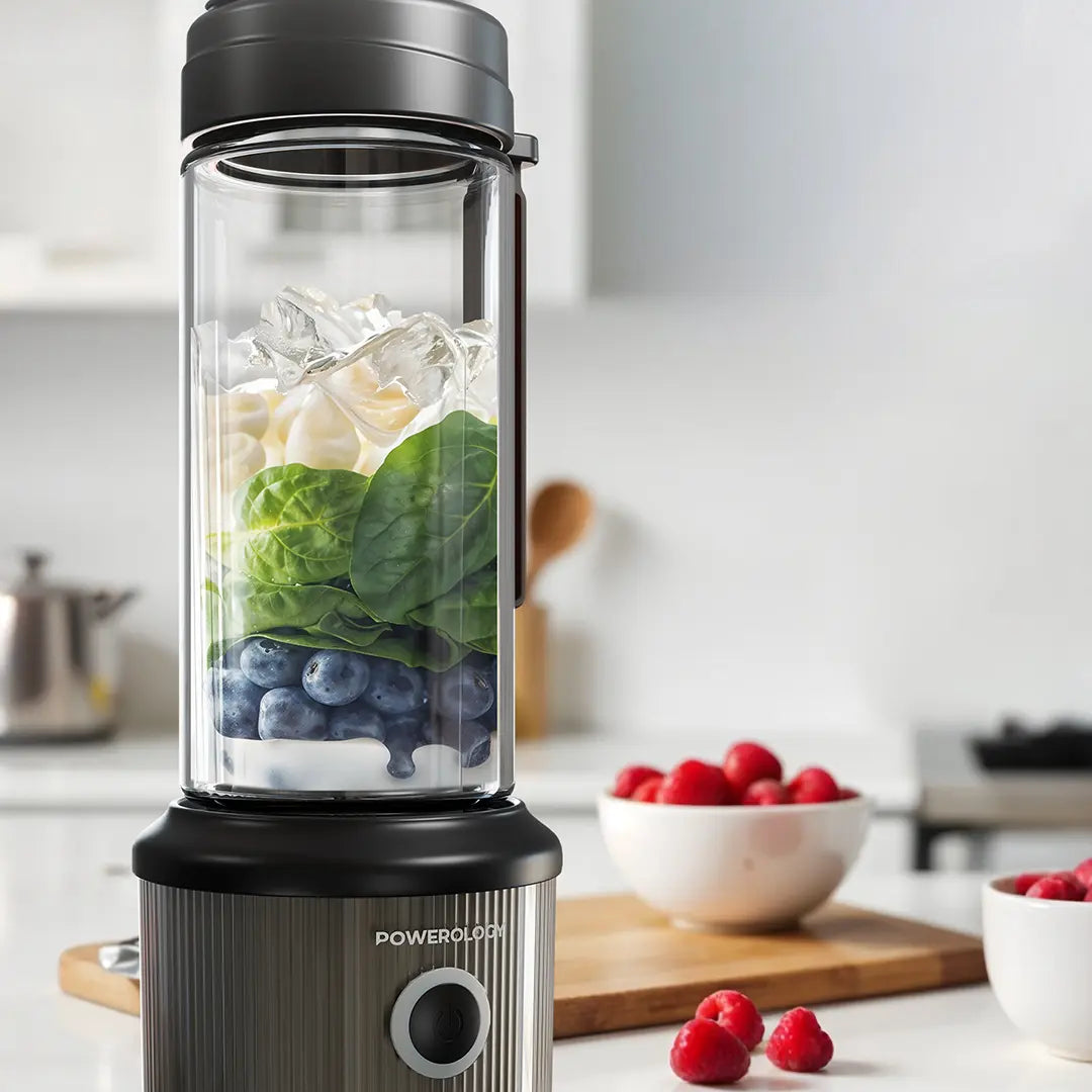 Powerology Portable Blender 450ml 2500mAh 6 Blades 126W Black - خلاط محمول بسعة 450 مل مع بطارية 2500 ملي امبير وشفرات ستة حادة من باورولوجي اسود