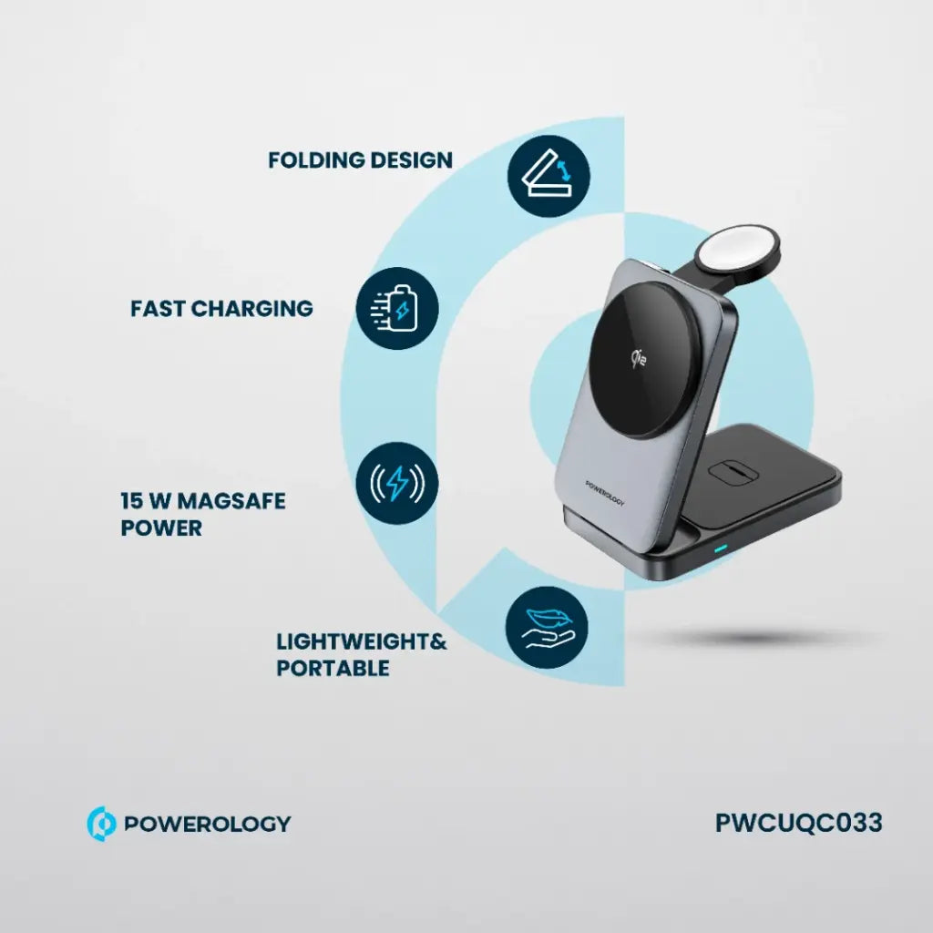 Powerology 3-in-1 Foldable Magnetic Wireless Charging Bracket Black - شاحن لاسلكي مغناطيسي قابل للطي 3 في 1 من باورولوجي اسود