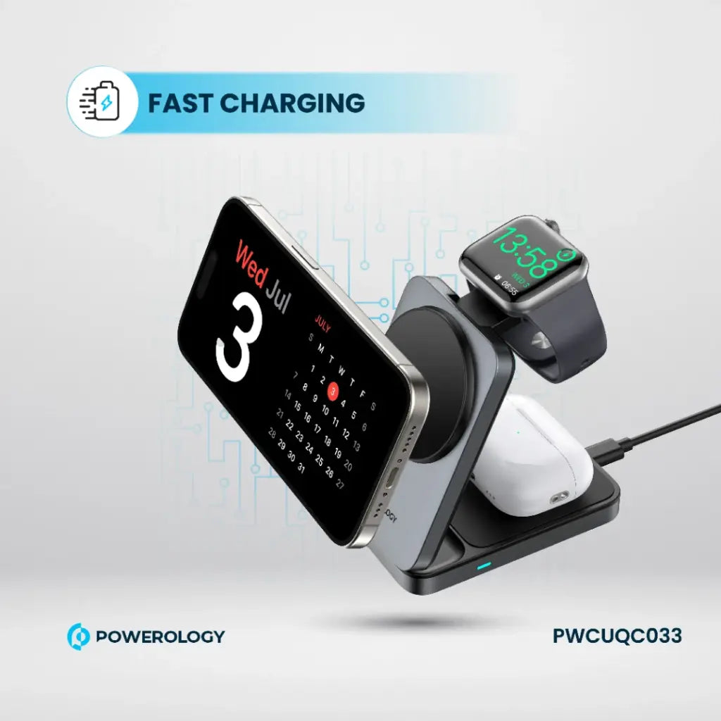 Powerology 3-in-1 Foldable Magnetic Wireless Charging Bracket Black - شاحن لاسلكي مغناطيسي قابل للطي 3 في 1 من باورولوجي اسود