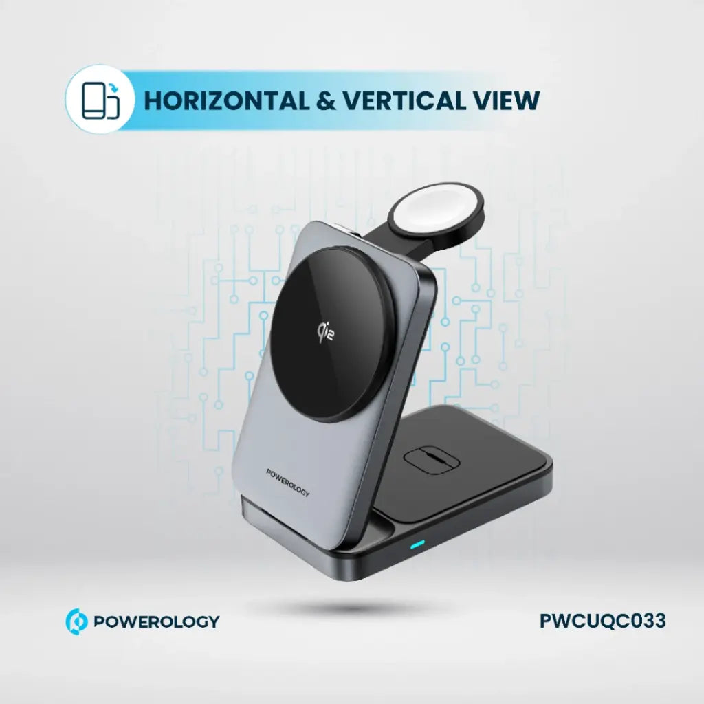 Powerology 3-in-1 Foldable Magnetic Wireless Charging Bracket Black - شاحن لاسلكي مغناطيسي قابل للطي 3 في 1 من باورولوجي اسود
