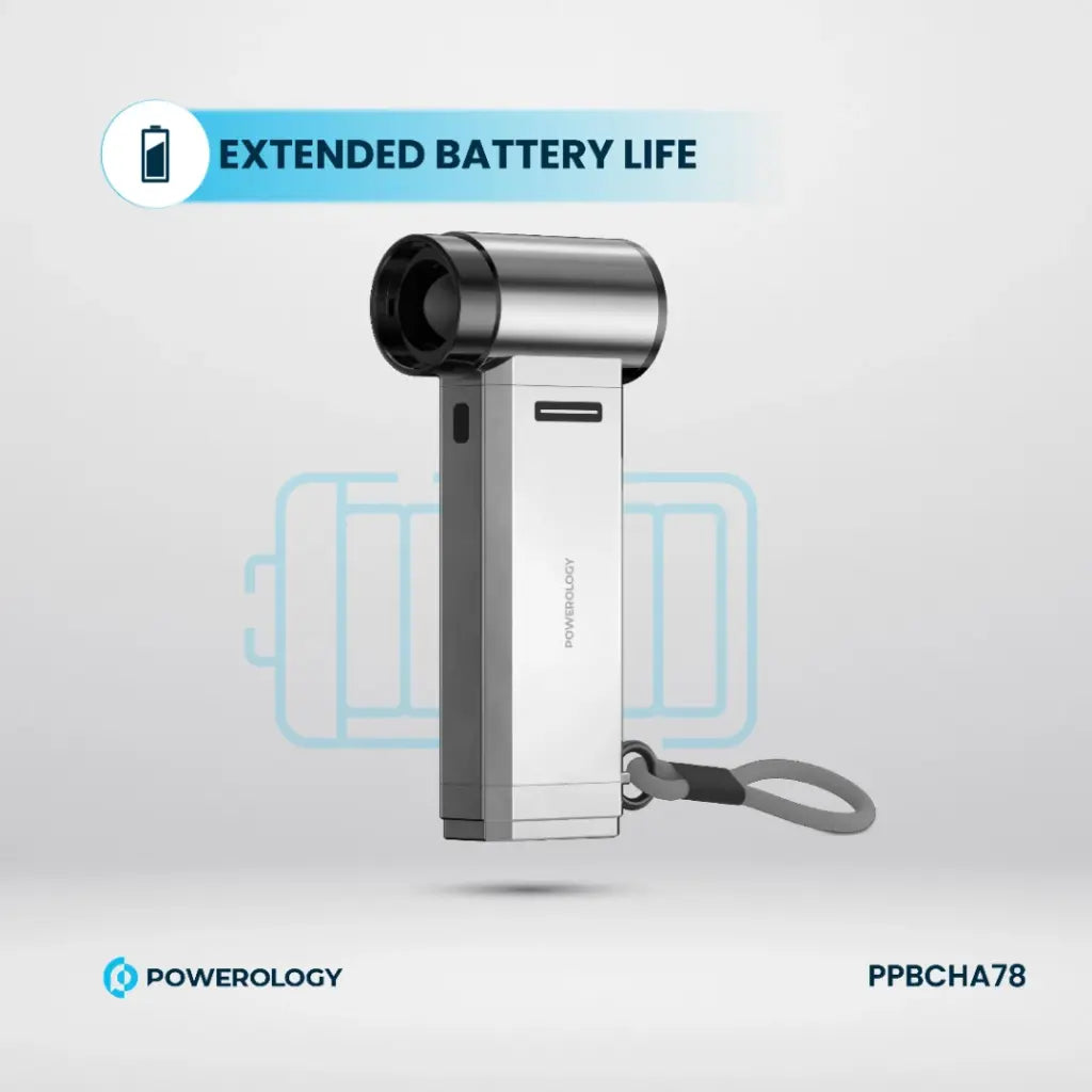 Powerology Turbo Blower 130000rpm Power Bank 4000mAh Silver - مروحة ومكنسة 130000 دورة في الدقيقة مع 4 مستويات للسرعة وباوربنك بسعة 4000 ملي امبير من باورولوجي فضي