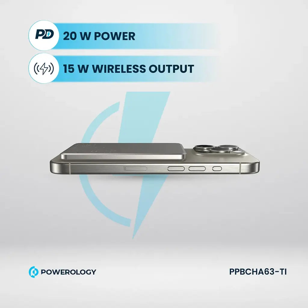 Powerology 5000 mAh 15W PD Type-C Magsafe Ultra Slim Powerbank Titanium - باوربنك سليم ماك سيف 5000 ملي امبير 15 واط من باورولوجي تيتانيوم الطبيعي