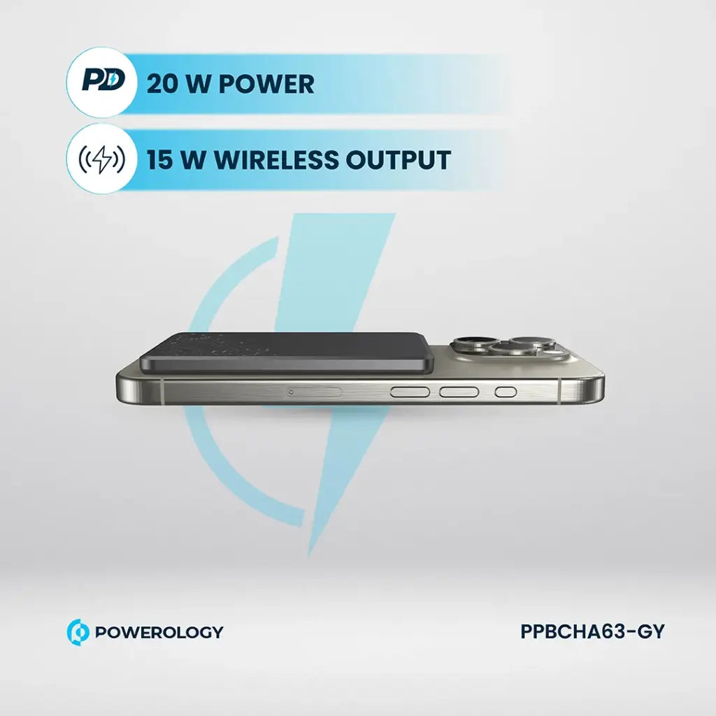 Powerology 5000 mAh 15W PD Type-C Magsafe Ultra Slim Powerbank Grey - باوربنك سليم ماك سيف 5000 ملي امبير 15 واط من باورولوجي رمادي
