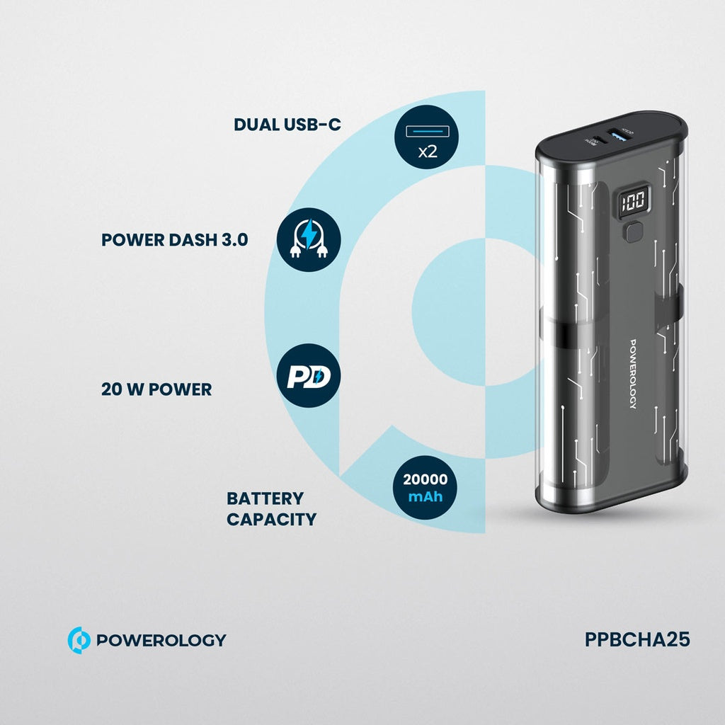 Powerology Crystalline Series Powerbank 20000mAh PD 20W Transparent/Grey - باوربنك 20000 ملي امبير 20 واط مع شاشة رقمية من باورولوجي