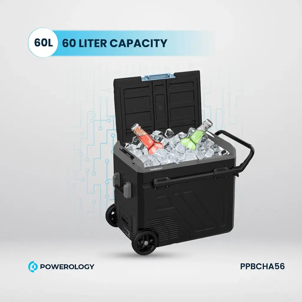 Powerology Portable Fridge 60L with Dual Compartment and Trolly Gray - ثلاجة محمولة وفريزر بسعة 60 لتر من باورولوجي
