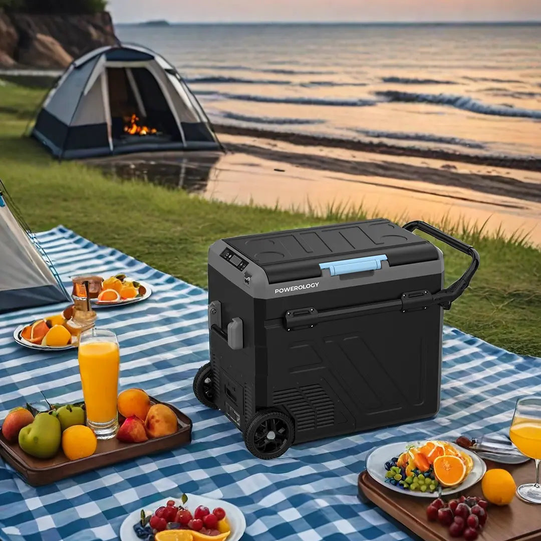 Powerology Portable Fridge 60L with Dual Compartment and Trolly Gray - ثلاجة محمولة وفريزر بسعة 60 لتر من باورولوجي