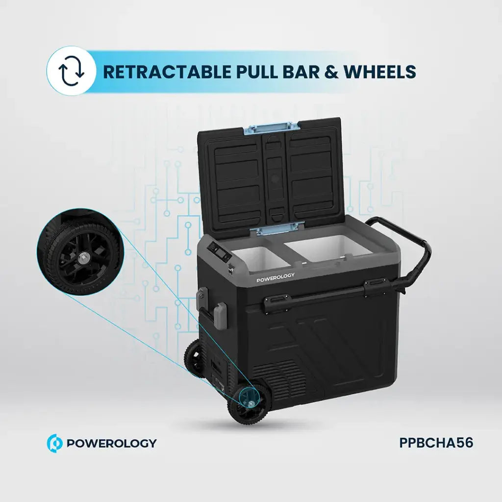 Powerology Portable Fridge 60L with Dual Compartment and Trolly Gray - ثلاجة محمولة وفريزر بسعة 60 لتر من باورولوجي