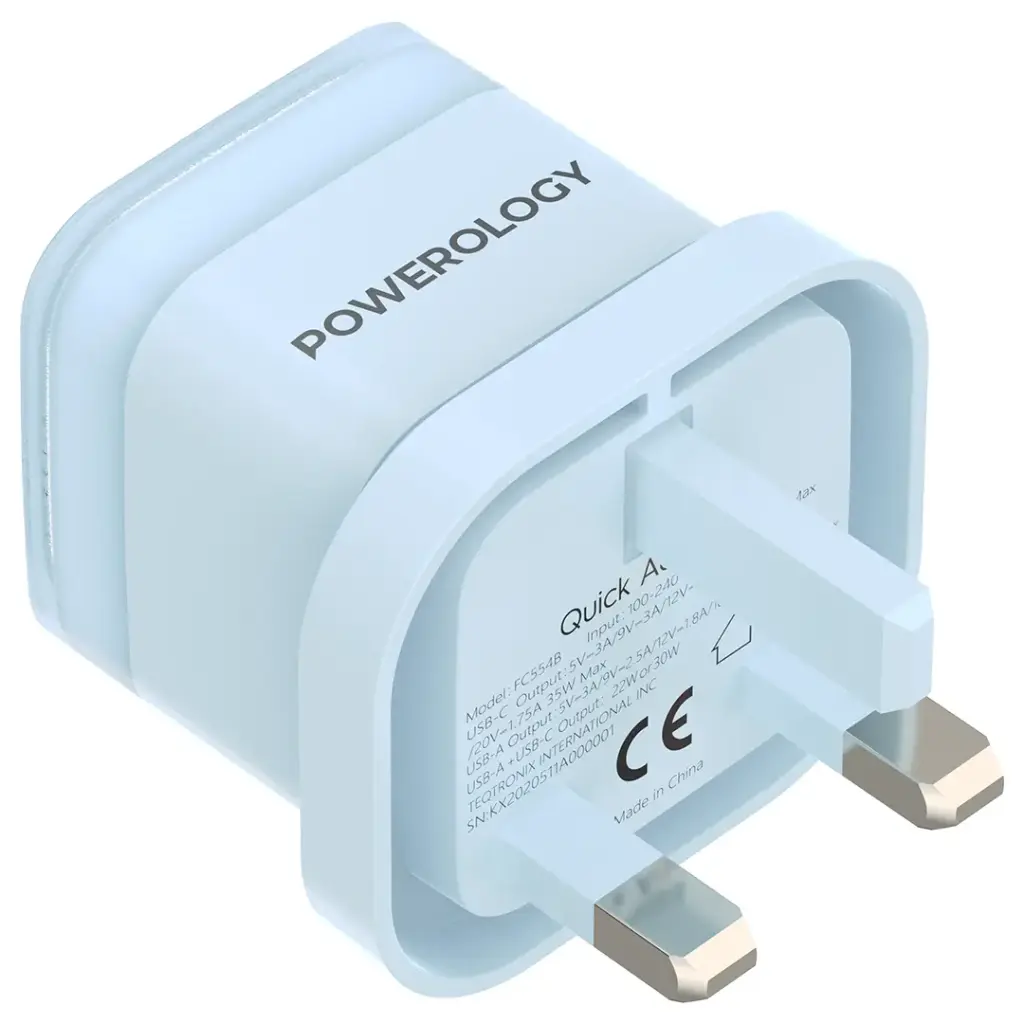 Powerology Dual-Port Fast Charging Adapter 35W Blue - شاحن 35 واط من باورولوجي ازرق