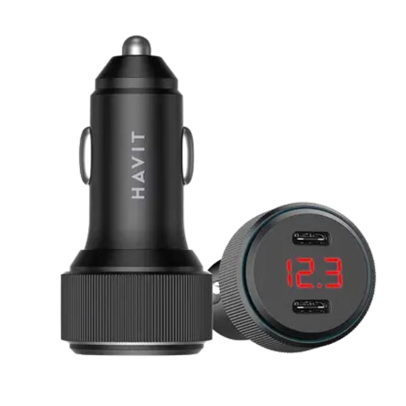 Havit CC2014 Car Dual USB-C Charger with Digital display 60W Black - شاحن سياره 60 واط مع شاشه رقمية من هافيت اسود