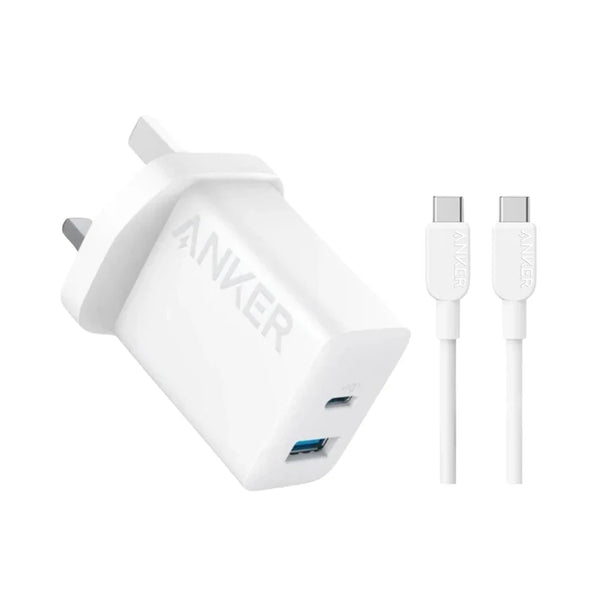 Anker Wall Charger 20W 2-Ports with USB-C Cable White - شاحن 20 واط مع كيبل تايب سي تايب سي من انكر