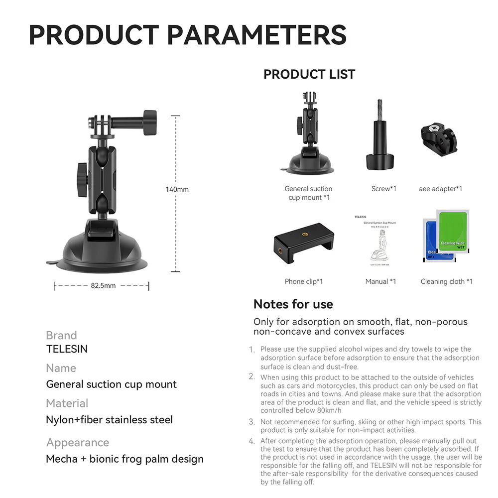 TELESIN Upgraded General Suction Cup Mount for Action Cameras - ستاند للكاميرات والهواتف بالشفط المغناطيسي من تيليسن