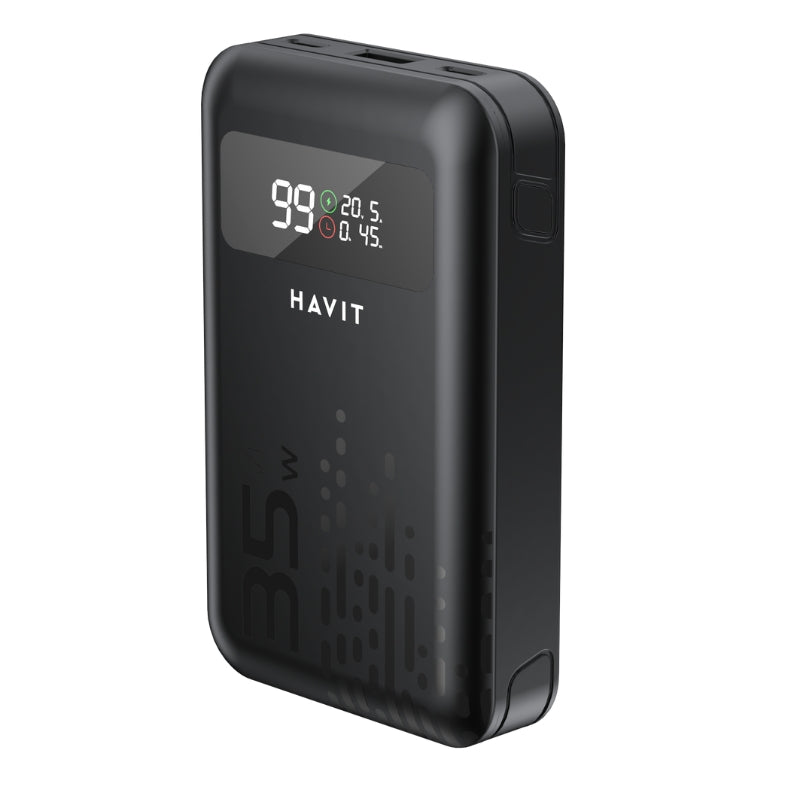 Havit PB5211 Power bank 10200mA 45W with 2 cable Black - باوربنك   10200 ملي امبير 45 واط مع شاشة رقمية من هافيت
