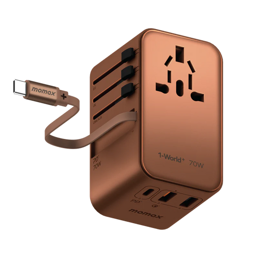 Momax World+ 70W GaN 3-Port w /Built-in USB-C Cable + AC Travel Adaptorr Gold - شاحن عالمي للسفر 70 واط مع كيبل تايب سي مدمج من موماكس ذهبي