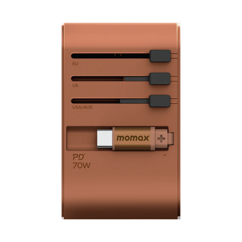 Momax World+ 70W GaN 3-Port w /Built-in USB-C Cable + AC Travel Adaptorr Gold - شاحن عالمي للسفر 70 واط مع كيبل تايب سي مدمج من موماكس ذهبي