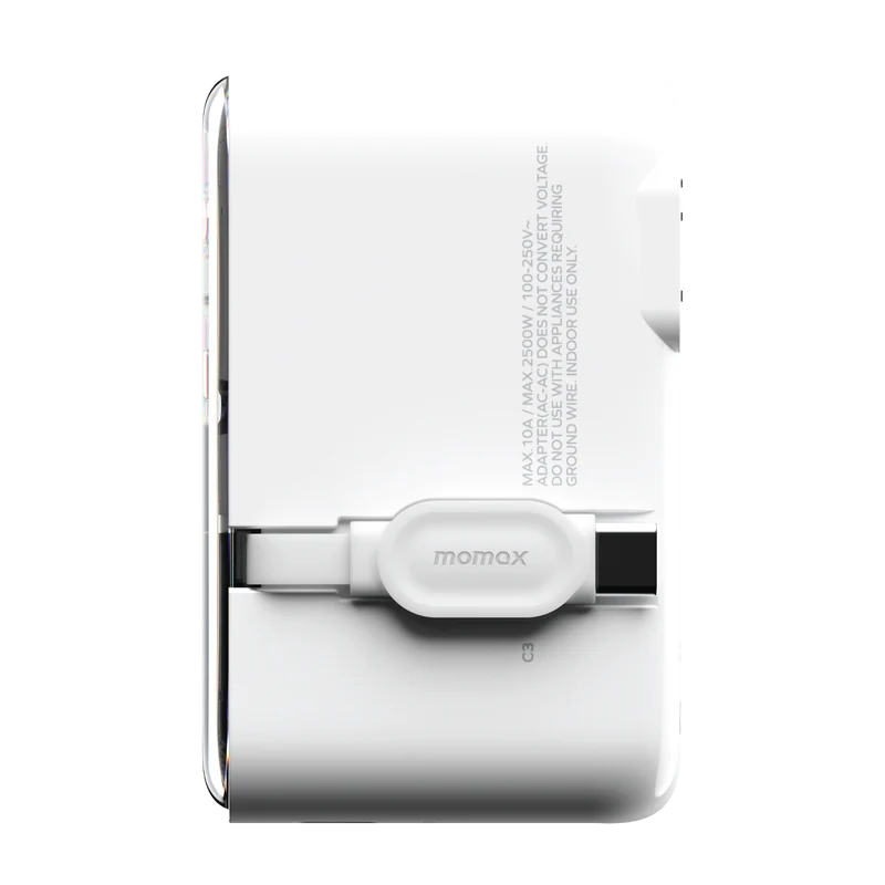 Momax World+ Flow 35W 4-Port w/ Built-in USB-C Cable + AC Travel Adaptor White - شاحن عالمي للسفر 35 واط مع كيبل تايب سي مدمج من موماكس ابيض