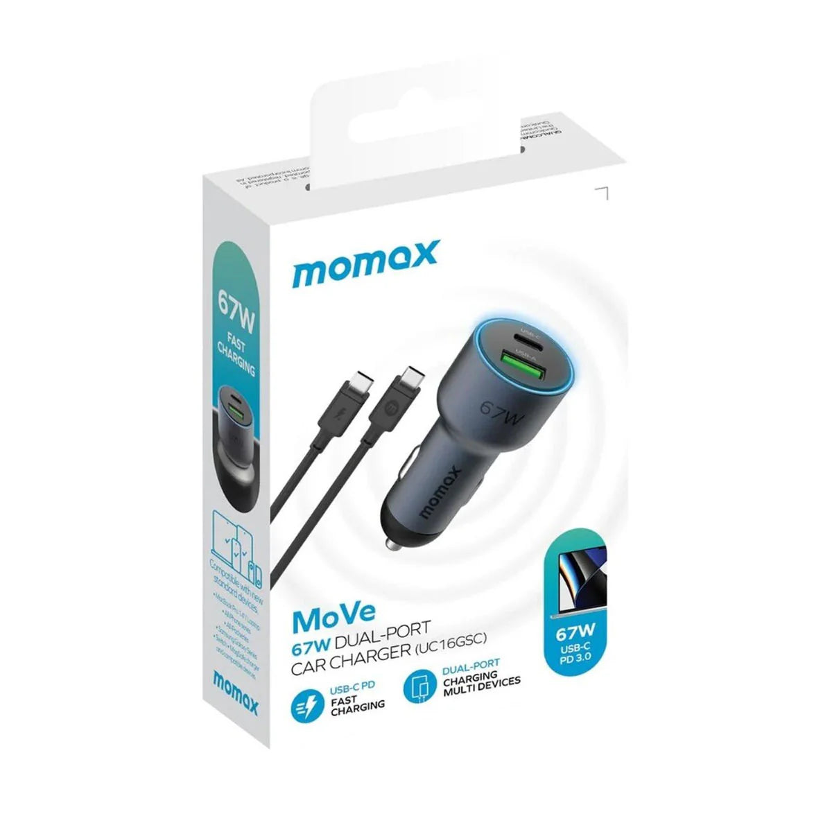 MOMAX Move Dual-Port Car Charger 67W with Charging Cable - شاحن سيارة 67 واط مع كيبل تايب سي تايب سي 100 واط من موماكس