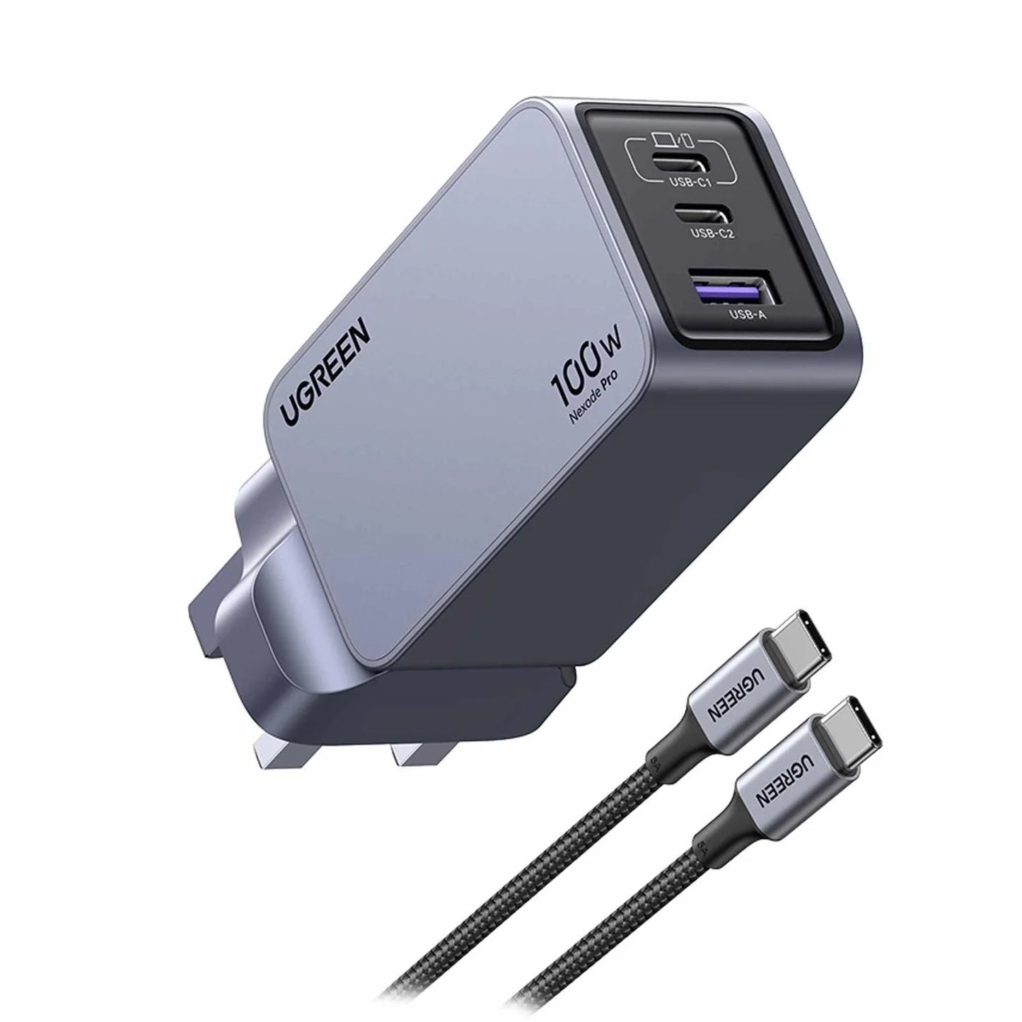 UGREEN Charger Nexode Pro Gan With Cable 100W 3-Port - شاحن 100 واط مع 3 منافذ وكيبل تايب سي تايب سي من يوكرين