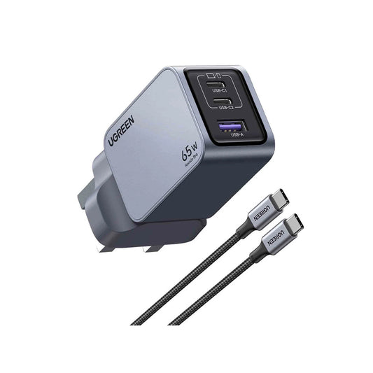 UGREEN Charger Nexode Pro 3port Gan With Cable 65W UK - شاحن 65 واط مع 3 منافذ وكيبل تايب سي تايب سي من يوكرين