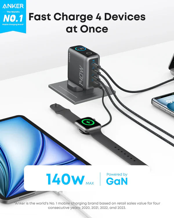 Anker Zolo Charger 140W 3C1A GaN with 1.5m USB-C Cable Dark Gray - شاحن 140 واط متعدد المنافذ مع كيبل تايب سي تايب سي 1.5 متر وشاشة رقمية من انكر