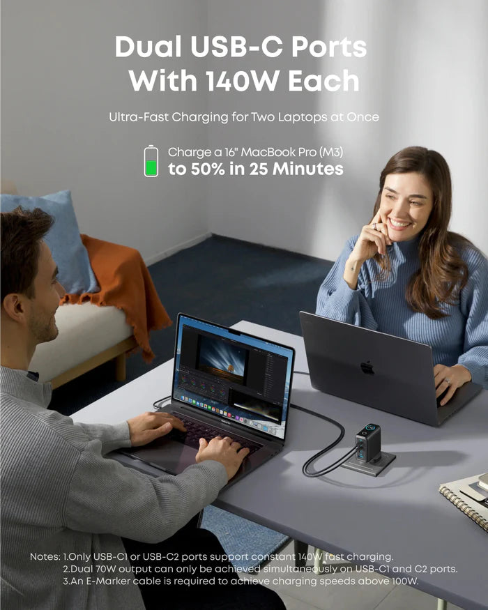 Anker Zolo Charger 140W 3C1A GaN with 1.5m USB-C Cable Dark Gray - شاحن 140 واط متعدد المنافذ مع كيبل تايب سي تايب سي 1.5 متر وشاشة رقمية من انكر