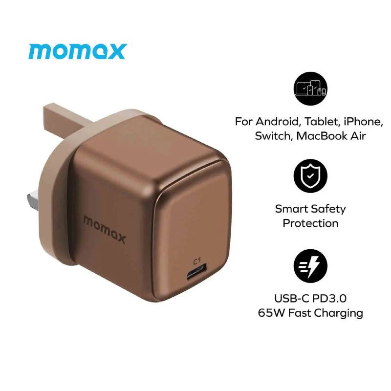 Momax Charge &Port GaN 65W charger (UK) (Gold)[1 port / USB-C] - شاحن 65 واط من موماكس