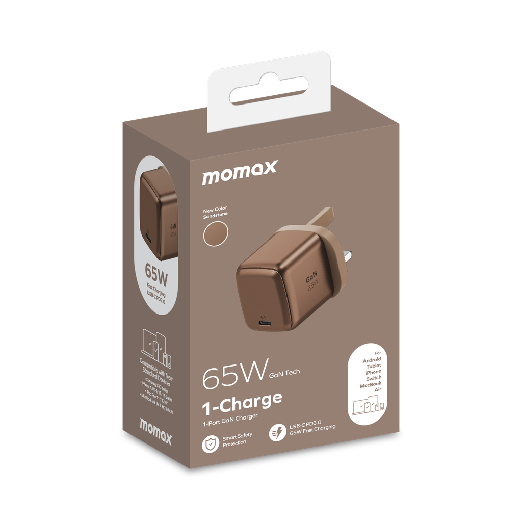 Momax Charge &Port GaN 65W charger (UK) (Gold)[1 port / USB-C] - شاحن 65 واط من موماكس
