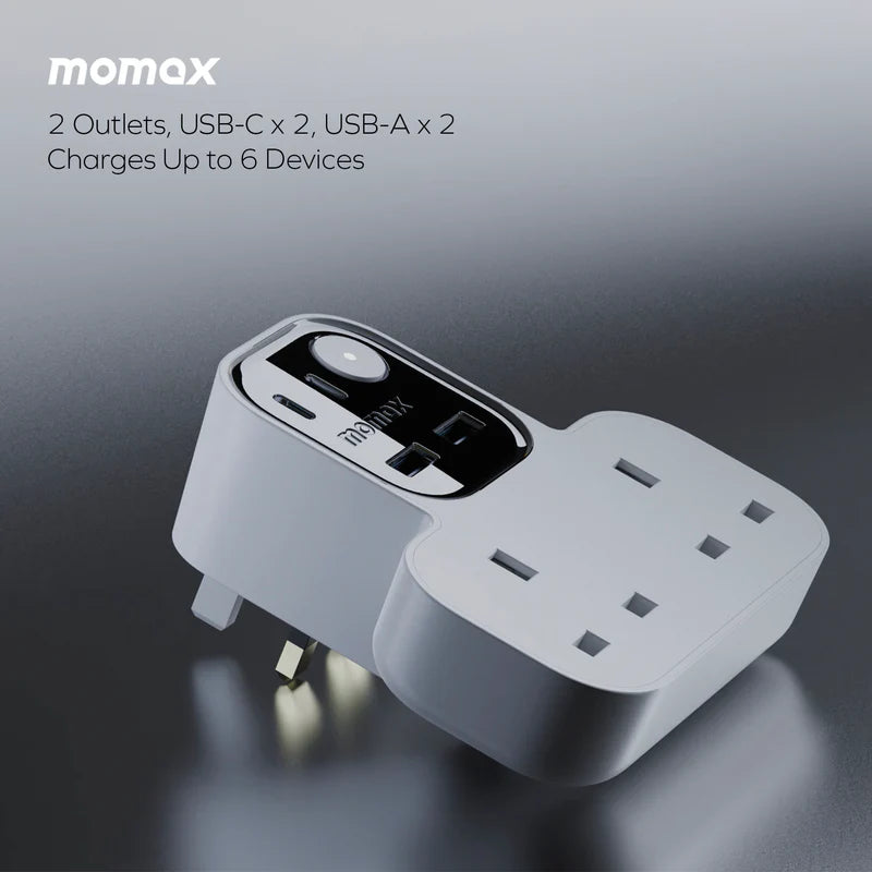 Momax Charge Work Flow T-shaped Extention 2 Socket with USB White - موزع كهرباء ذكي مع منافذ للشحن من موماكس