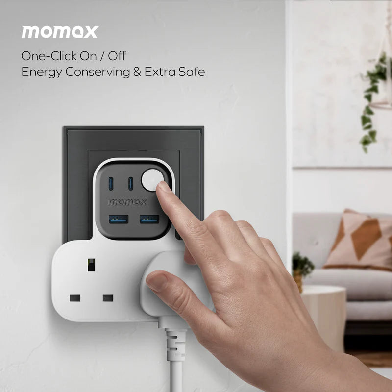 Momax Charge Work Flow T-shaped Extention 2 Socket with USB White - موزع كهرباء ذكي مع منافذ للشحن من موماكس