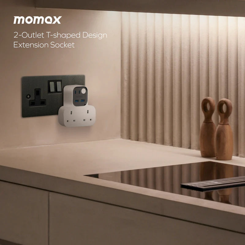 Momax Charge Work Flow T-shaped Extention 2 Socket with USB White - موزع كهرباء ذكي مع منافذ للشحن من موماكس