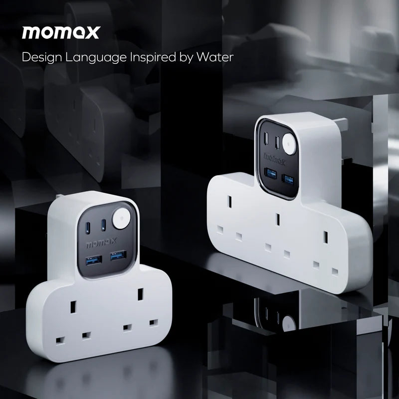 Momax Charge Work Flow T-shaped Extention 2 Socket with USB White - موزع كهرباء ذكي مع منافذ للشحن من موماكس