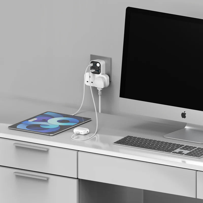 Momax Charge Work Flow T-shaped Extention 2 Socket with USB White - موزع كهرباء ذكي مع منافذ للشحن من موماكس