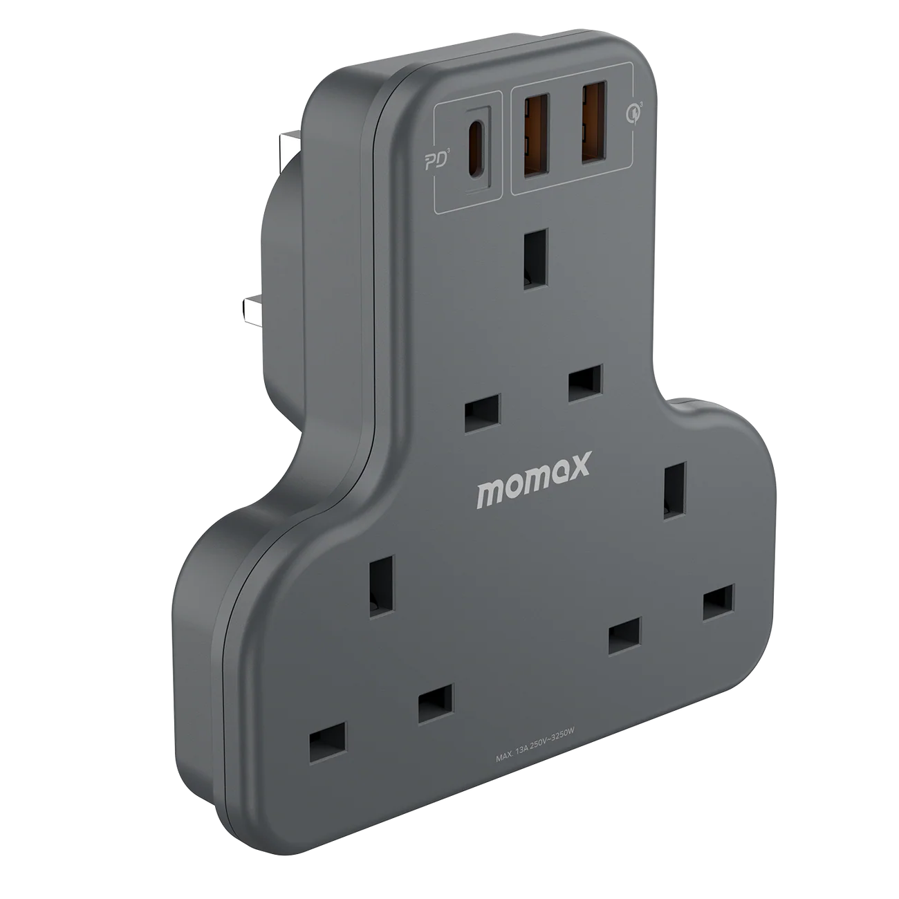 Momax ONEPLUG 3-Outlet T-shaped Extension Socket With USB Space Grey - مقبس كهرباء مع منافذ للشحن بقوة 20 واط من موماكس