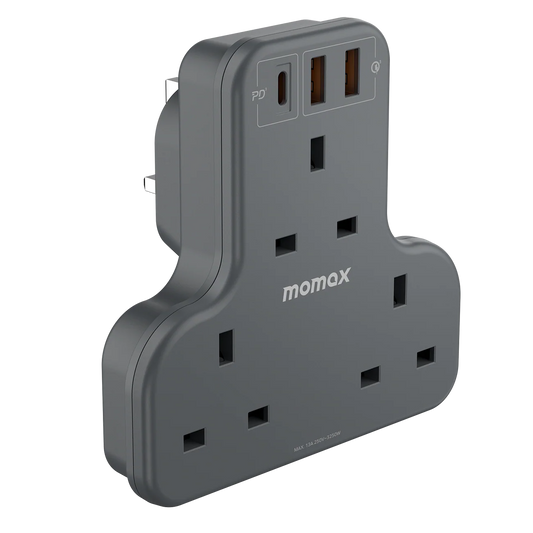 Momax ONEPLUG 3-Outlet T-shaped Extension Socket With USB Space Grey - مقبس كهرباء مع منافذ للشحن بقوة 20 واط من موماكس