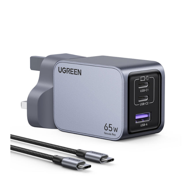 UGREEN Charger Nexode Pro 3port Gan With Cable 65W UK - شاحن 65 واط مع 3 منافذ وكيبل تايب سي تايب سي من يوكرين