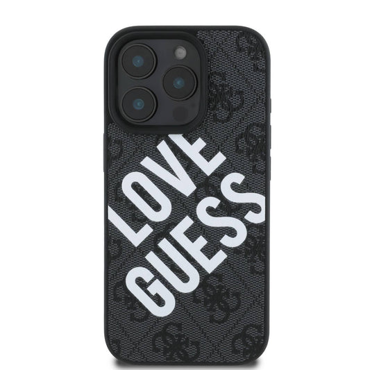 Guess PU 4G Hard Case With Big Love Guess Logo For iPhone 16 Pro Black - كفر للايفون 16 برو من جيسس اسود