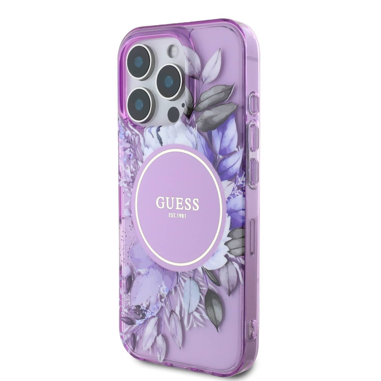 Guess Magsafe IML Transparent Hard case With Flower Design & Tonal Circle Logo Fo 16 PRO - كفر ماك سيف للايفون 16 برو من جيسس