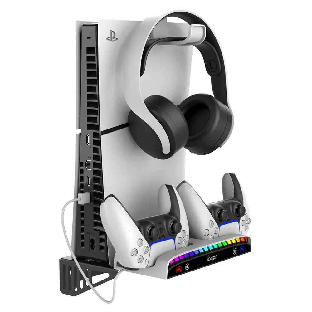 HORIZONTAL STAND COOLING FANS+CHARGING+HEADSET HOLDER+RGB LIGTING FOR P5 PRO/P5 SLIM - ستاند افقي متعدد الوظائف مع تبريد وشحن وحامل سماعة واضاءة RGB لجهاز بلايستيشن 5 سليم وبرو