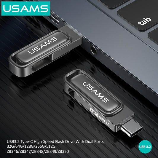 USAMS ZB349USB3.2 +Type-C High-Speed Flash Drive With Dual Ports 256G Tarnish - فلاش ميموري 256 تايب سي مع يو اس بي من يوسامس اسود