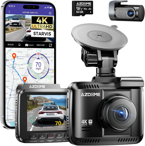 Azdome DashCam GS63H PRO 2 Channels 4K with 64GB TF card -كاميرا سيارة امامية وخلفية بدقة 4K مع مع GPS وWiFi وبطاقة 64GB مرفقة من ازدوم
