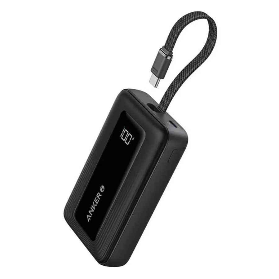 Anker Power Bank 10K 30W Built-In USB-C  Cable Black - باوربنك 10000 ملي امبير مع كيبل تايب سي مدمج 30 واط وشاشة رقمية من انكر اسود