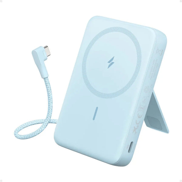 Anker Zolo Magnetic Power Bank 10K mAh 30W with Built-in USB-C Cable and Stand Blue - باوربنك ماك سيف 10000 ملي امبير 30 واط مع كيبل تايب سي مدمج وستاند من انكر ازرق