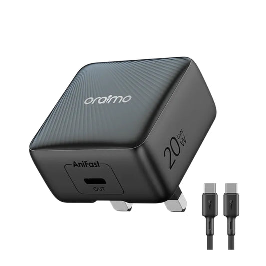 Oraimo PowerCube 20 Chic 20W GaN Wall Charger with Type-C to Type-C Cable Black - شاحن 20 واط مع كيبل تايب سي تايب سي من اورايمو اسود