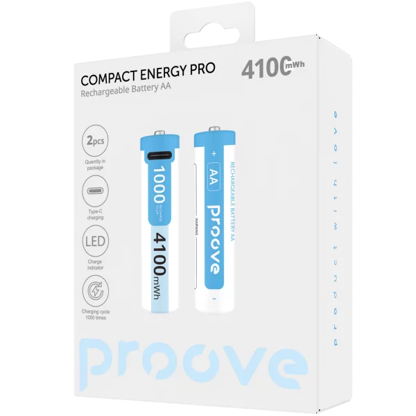Proove Rechargeable Batteries Compact Energy Pro AA 2 pcs white - بطاريات قلم قابلة لاعادة الشحن بمنفذ تايب سي من بروف ابيض