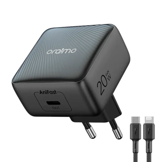 Oraimo PowerCube 20 Chic 20W GaN Wall Charger with Type-C To Lightning Cable Black- شاحن 20 واط مع كيبل تايب سي ايفون من اورايمو