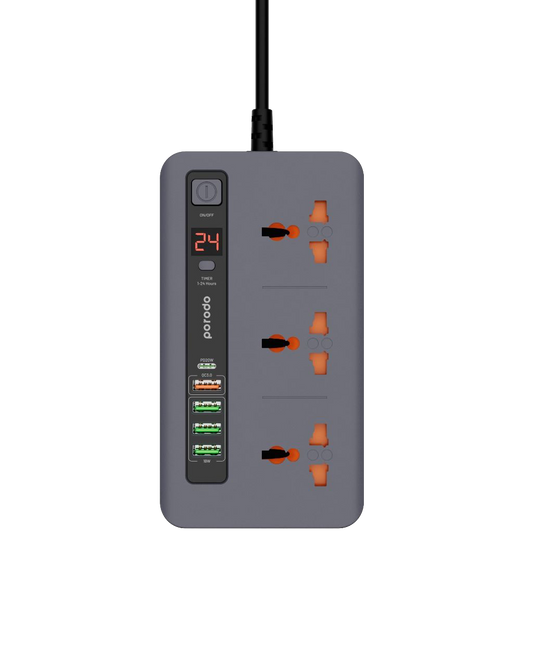 Porodo 3 AC 4 USB-A & USB-C PD 20W Multi-Port Super Hub 2M UK Gray - سيار كهربائي 3000 واط مع منافذ متعددة للشحن 20 واط من بورودو رمادي