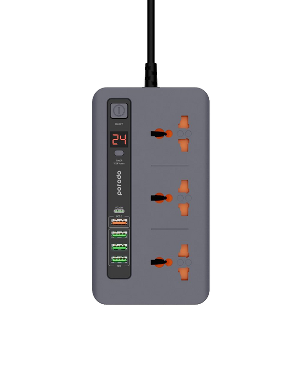 Porodo 3 AC 4 USB-A & USB-C PD 20W Multi-Port Super Hub 2M UK Gray - سيار كهربائي 3000 واط مع منافذ متعددة للشحن 20 واط من بورودو رمادي