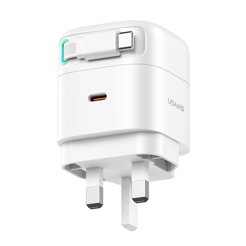 USAMS US-CC204 PD35W Dual Output GaN Fast Charger With Type-C Magnetic Retractable Cable Module white -  شاحن 35 واط مع كيبل تايب سي مدمج مغناطيسي قابل للازالة من يوسامس ابيض