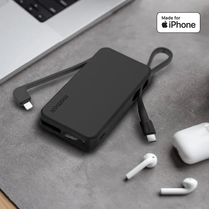 Momax Power Vital+ 10000mAh Battery Pack with Built-in USB-C and Lightning Cable Black - باوربنك 10000 ملي امبير مع كيبل تايب سي و لايتننغ مدمجين من موماكس