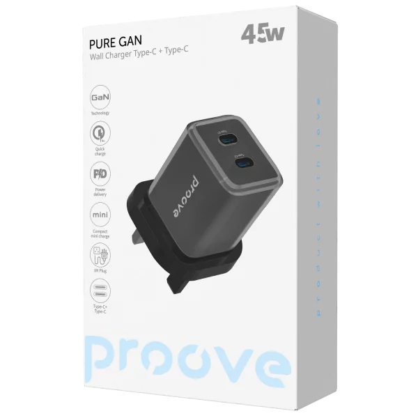 Proove Wall Charger Pure GaN 45W (Type-C + Type-C) UK black - شاحن 45 واط بمنفذين تايب سي من بروف اسود